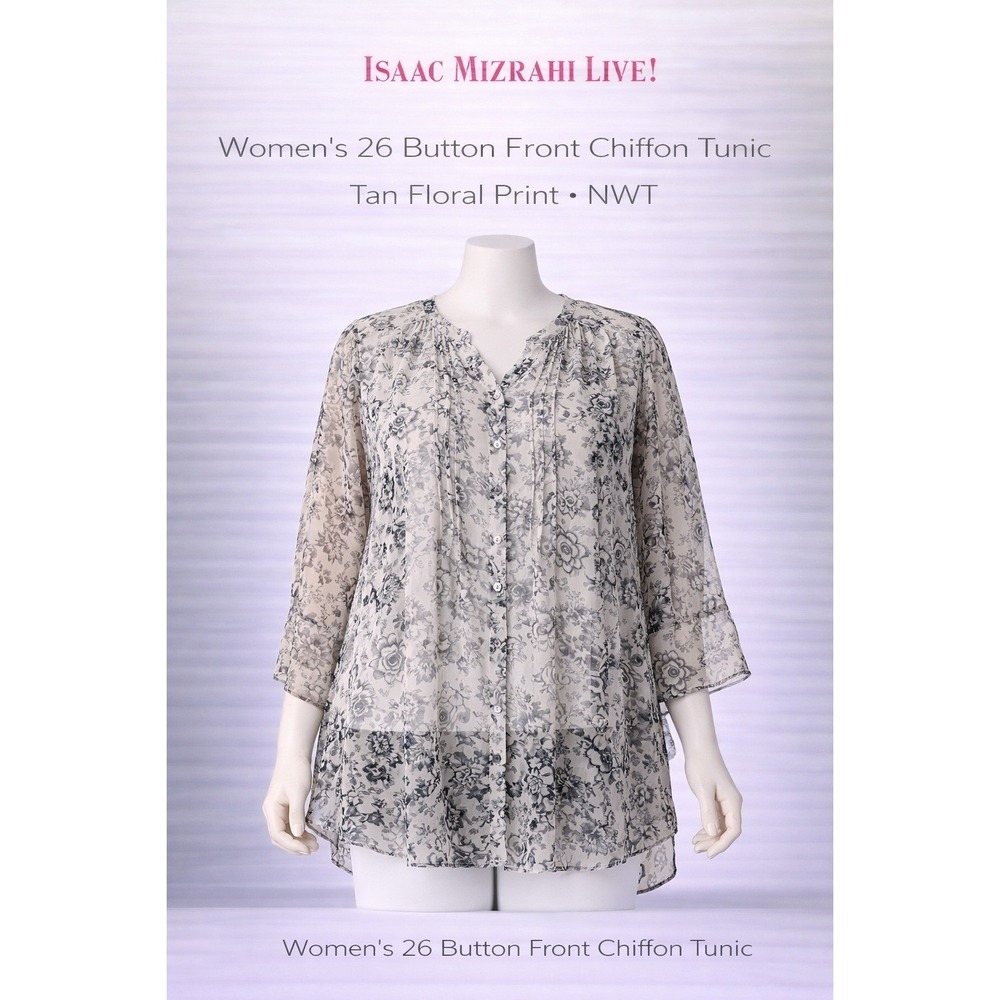 Isaac Mizrahi Live Women 26W Button Front Chiffon Tunic Tan Floral A354783 NWT